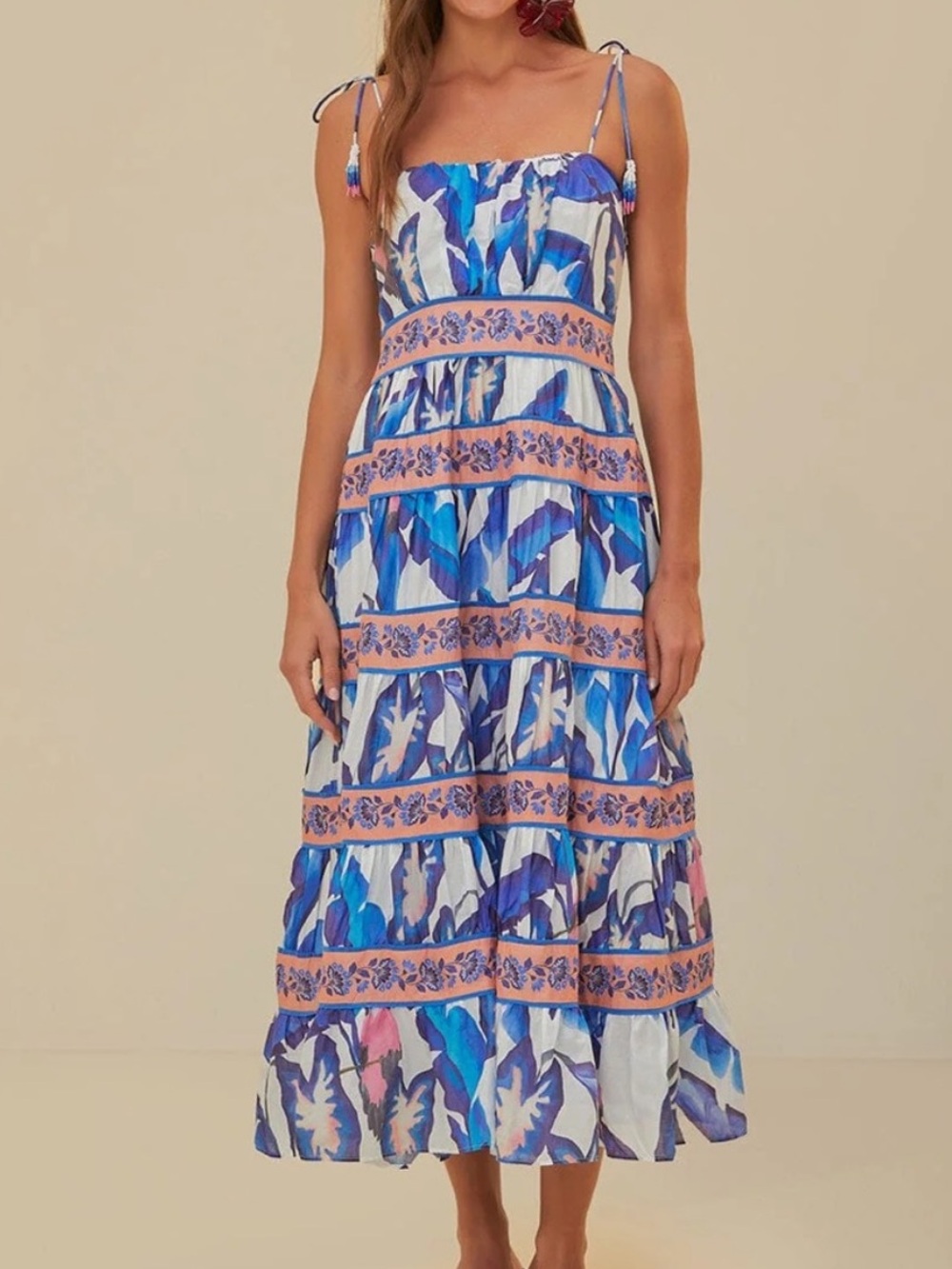 NWT Farm Rio Blue Foliage Parrot Off-white Tiered Cotton Midi Dress Large